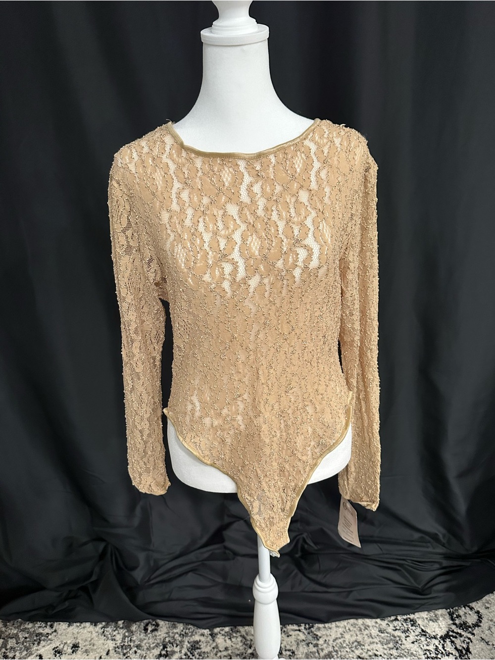 Vintage Sheer Lace Long-Sleeve Bodysuit in Tan